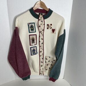 Vintage Button Up “Grandma” Sweater, H.L.Miller Gold, Medium, Multicolored, Bird